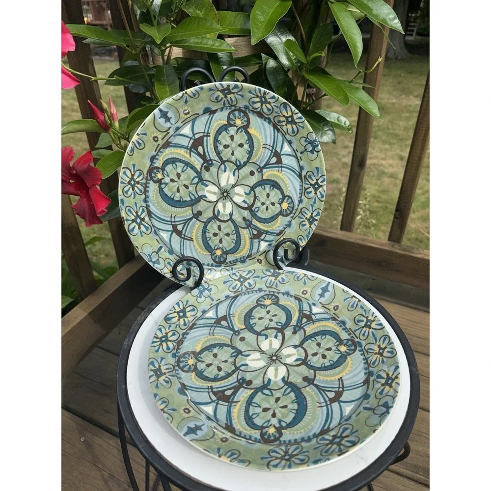 Pottery Barn AMALFI Green Blue Brown Floral Set of 2 Luncheon Salad Plates
